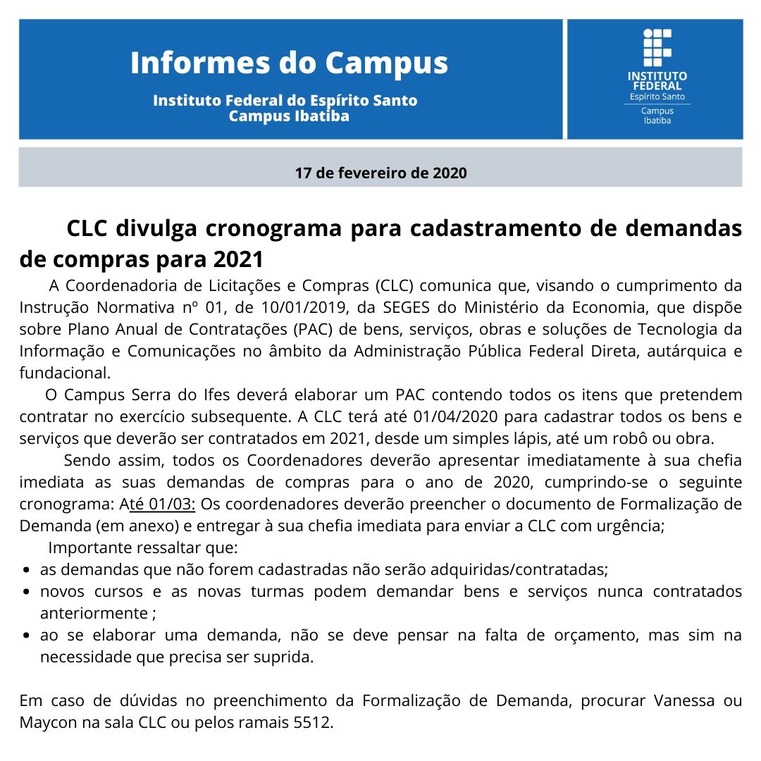 Informes do Campus Instituto Federal do Espírito Santo Campus Ibatiba