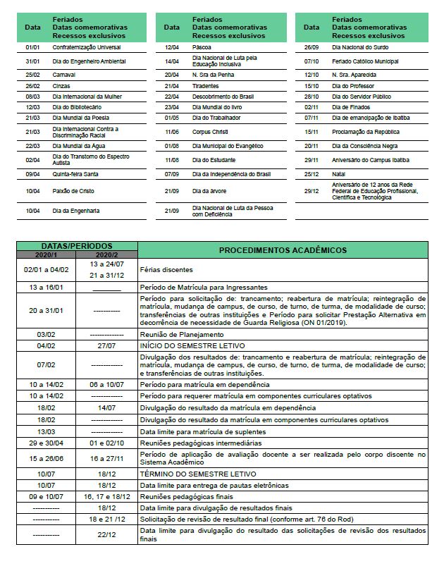 calendário acadêmico cursos técnicos 2
